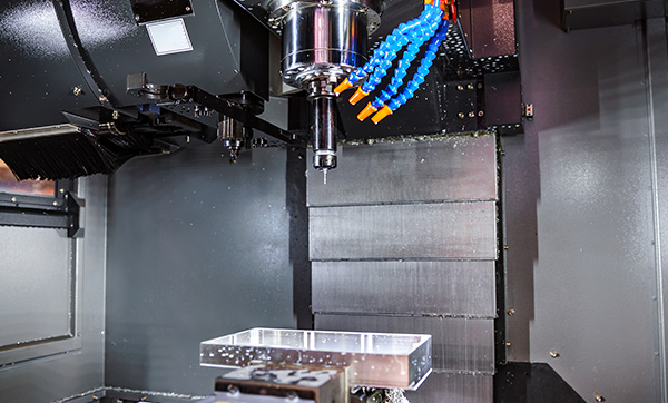 CNC milling machine with cutting tool and coolant nozzles showcasing precision engineering for efficient manufacturing processes