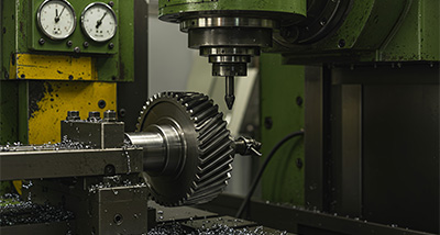 industrial machining process with gear and cutter highlighting precision engineering and metalworking techniques