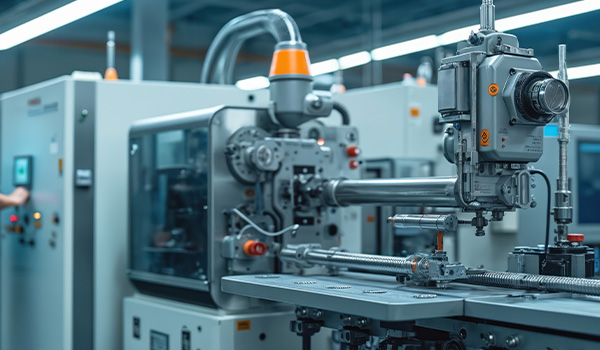 industrial machinery showing a complex system with focused components and controls for manufacturing processes involving four precision tools