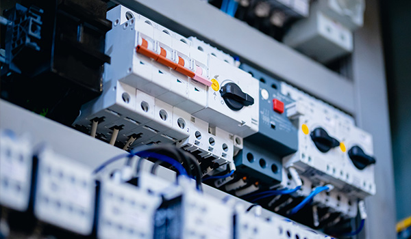 electrical control panel showcasing various circuit breakers and switches three phase electrical components