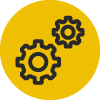 two gears in a yellow circle symbolizing mechanical engineering and design with a focus on efficiency and innovation